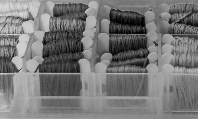 Plastic case and plastic bobbins with cross-stitch thread.